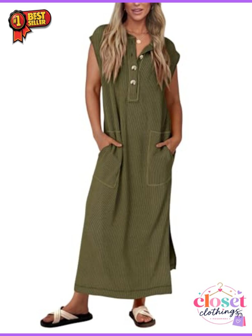 Ribbed Knit Short Sleeve Maxi Dress with Pockets - Picture 1 of 6